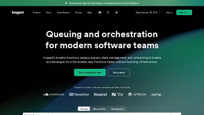 Inngest — бесплатная нейросеть для помощи в автоматизации, для no Code/Low Code разработки, для разработки программного обеспечения. Бесплатная версия с ограниченным функционалом, есть платные тарифы.