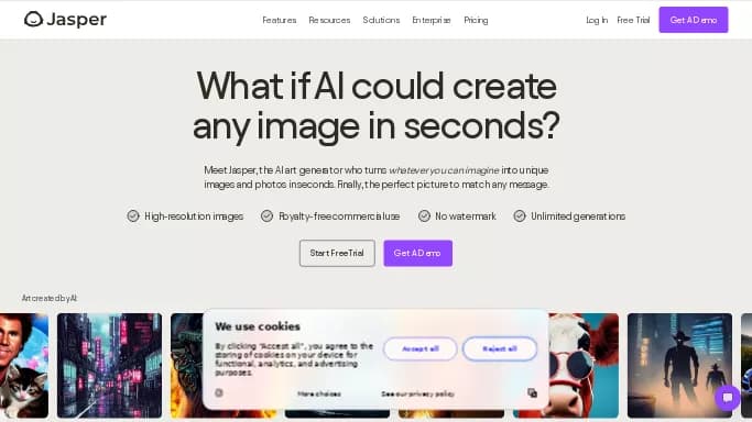 Jasper Art — платная нейросеть для создания изображений, для дизайна. Бесплатная версия с ограниченным функционалом, есть платные тарифы.