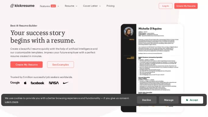 Kickresume — платная нейросеть помогающие в управлении персоналом, для повышения продуктивности. Бесплатная версия с ограниченным функционалом, есть платные тарифы.