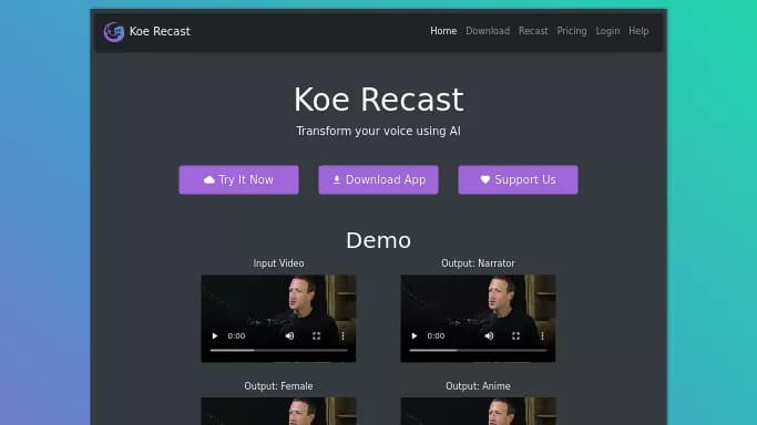 Koe Recast — бесплатная нейросеть для редактирования аудио. Бесплатная версия с ограниченным функционалом, есть платные тарифы.