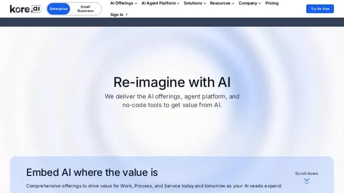 Kore.ai — платная нейросеть для маркетинга, — чат-бот. Бесплатная версия с ограниченным функционалом, есть платные тарифы.
