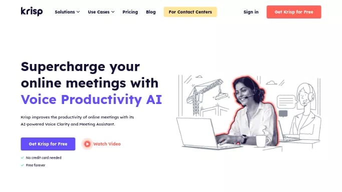 Krisp — бесплатная нейросеть для редактирования аудио, для повышения продуктивности, для транскрибации аудио и видео, для помощи в образовании. Бесплатная версия с ограниченным функционалом, есть платные тарифы.