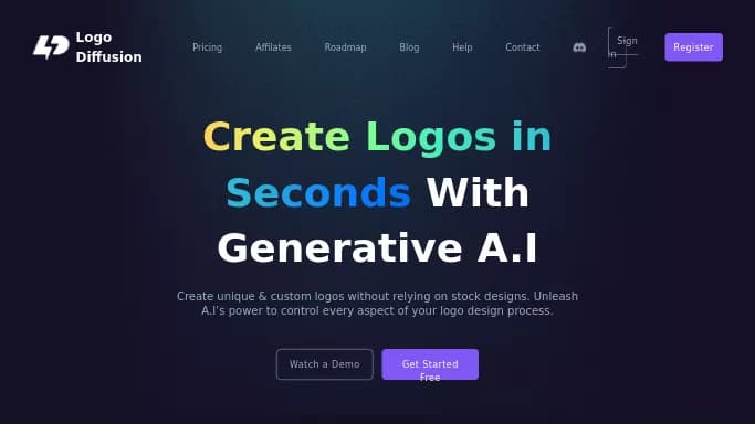 Logo Diffusion — бесплатная нейросеть для создания логотипа. Бесплатная версия с ограниченным функционалом, есть платные тарифы.