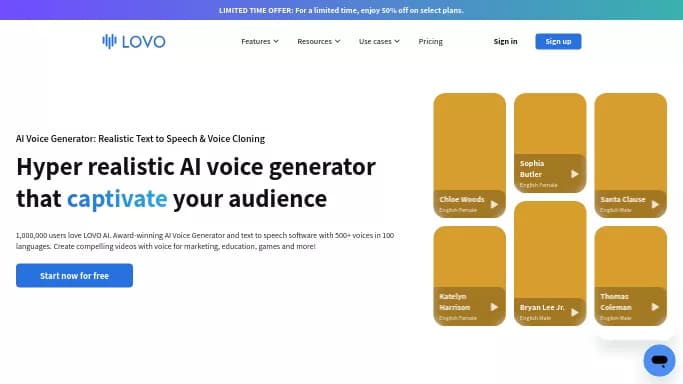 Lovo.ai — бесплатная нейросеть для создания голоса. Бесплатная версия с ограниченным функционалом, есть платные тарифы.