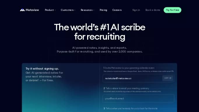Metaview — бесплатная нейросеть помогающие в управлении персоналом. Бесплатная версия с ограниченным функционалом, есть платные тарифы.