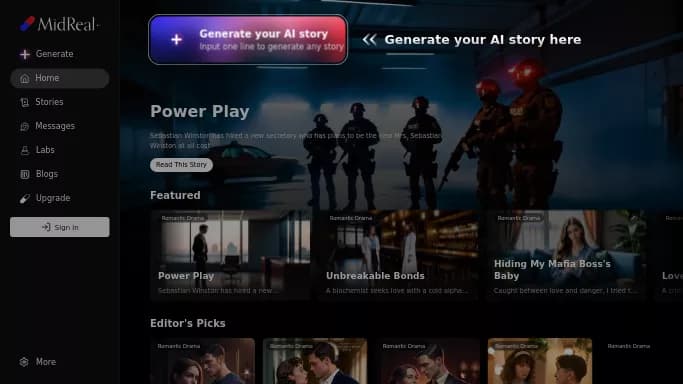 MidReal — платная нейросеть для сторителлинга. Бесплатная версия с ограниченным функционалом, есть платные тарифы.