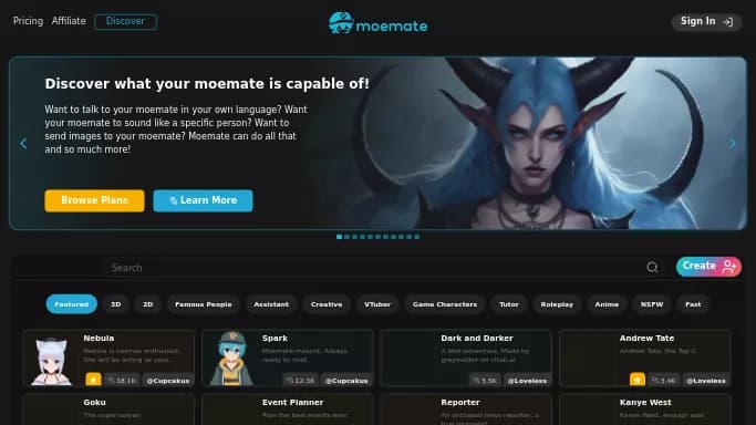 Moemate — бесплатная нейросеть для развлечений, для создания аватаров и цифровых 3D персонажей.