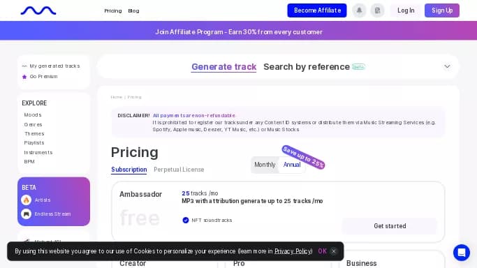 Mubert AI — бесплатная нейросеть для создания музыки. Бесплатная версия с ограниченным функционалом, есть платные тарифы.