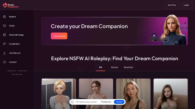 Dream Companion — бесплатная нейросеть для раздевания девушек (18+). Бесплатная версия с ограниченным функционалом, есть платные тарифы.