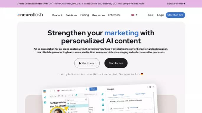 Neuroflash — бесплатная нейросеть для копирайтинга. Бесплатная версия с ограниченным функционалом, есть платные тарифы.