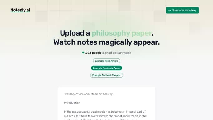 Notedly.ai — бесплатная нейросеть для помощи в образовании, для суммаризации текста, для повышения продуктивности. Бесплатная версия с ограниченным функционалом, есть платные тарифы.
