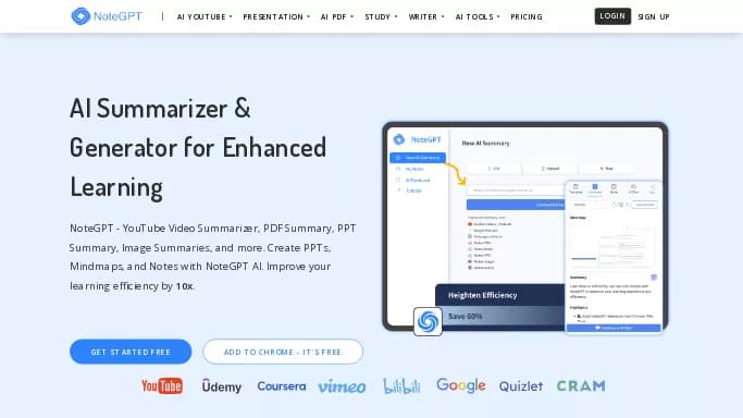 NoteGPT — бесплатная нейросеть для помощи в образовании, , расширения ChatGPT, для суммаризации текста, для повышения продуктивности. Бесплатная версия с ограниченным функционалом, есть платные тарифы.