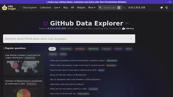 OSS Insight — бесплатная нейросеть для анализа данных, для поиска.