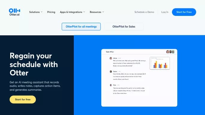 Otter AI — бесплатная нейросеть для маркетинга, для помощи в образовании, для транскрибации аудио и видео, для повышения продуктивности. Бесплатная версия с ограниченным функционалом, есть платные тарифы.