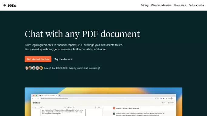 PDF.ai — бесплатная нейросеть для суммаризации текста, для повышения продуктивности, для помощи в образовании, — чат-бот, для научно-исследовательской деятельности. Бесплатная версия с ограниченным функционалом, есть платные тарифы.