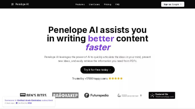 Penelope AI — бесплатная нейросеть для суммаризации текста, для повышения продуктивности, для помощи в образовании, для копирайтинга. Бесплатная версия с ограниченным функционалом, есть платные тарифы.