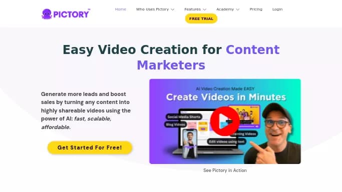 Pictory AI — бесплатная нейросеть для редактирования видео, для создания видео. Бесплатная версия с ограниченным функционалом, есть платные тарифы.