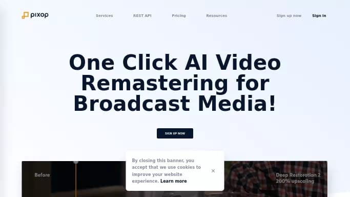 Pixop — платная нейросеть для редактирования видео. Бесплатная версия с ограниченным функционалом, есть платные тарифы.