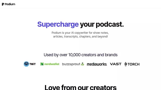 Podium — бесплатная нейросеть для транскрибации аудио и видео, для повышения продуктивности, для помощи в образовании. Бесплатная версия с ограниченным функционалом, есть платные тарифы.