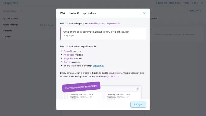 Prompt Refine — платная нейросеть для генерации промптов, для написания текста, для копирайтинга. Бесплатная версия с ограниченным функционалом, есть платные тарифы.