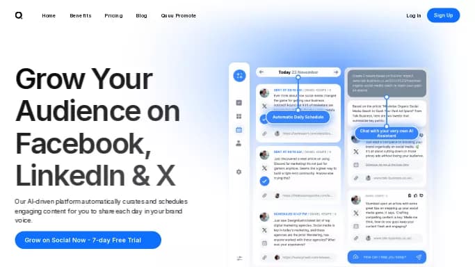 Quuu — платная нейросеть для SMM. Бесплатная версия с ограниченным функционалом, есть платные тарифы.