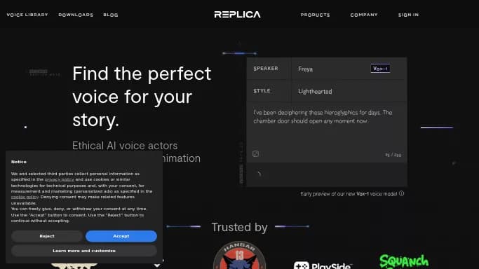 ReplicaStudios — бесплатная нейросеть для создания голоса. Бесплатная версия с ограниченным функционалом, есть платные тарифы.