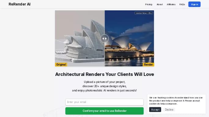 ReRender AI — бесплатная нейросеть в сфере недвижимости и архитектуры. Бесплатная версия с ограниченным функционалом, есть платные тарифы.
