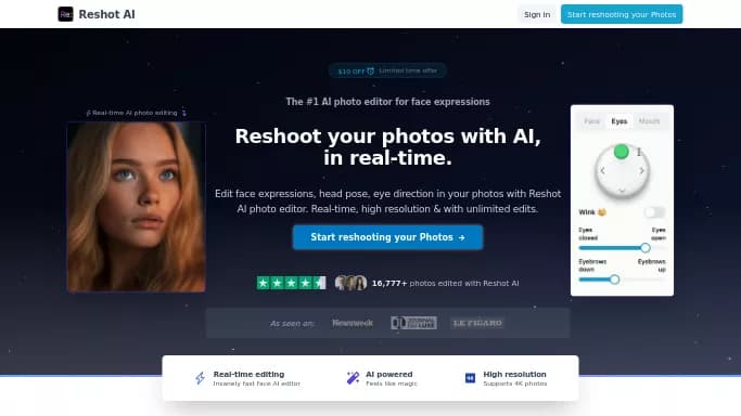 Reshot AI — платная нейросеть для редактирования изображений. Бесплатная версия с ограниченным функционалом, есть платные тарифы.
