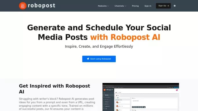 Robopost AI — бесплатная нейросеть для SMM, для маркетинга, для создания изображений. Бесплатная версия с ограниченным функционалом, есть платные тарифы.
