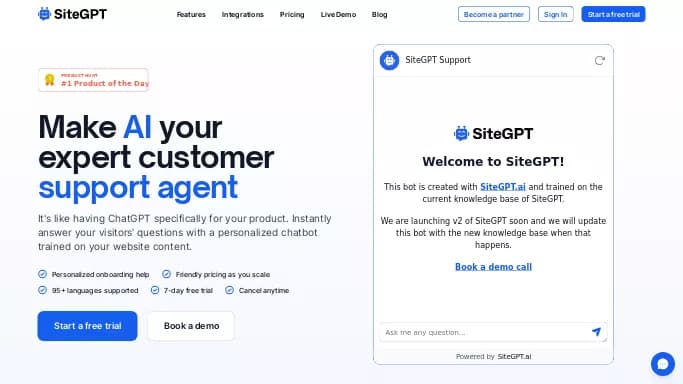 SiteGPT — платная нейросеть для маркетинга. Бесплатная версия с ограниченным функционалом, есть платные тарифы.