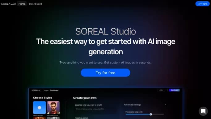 Soreal AI Studio — бесплатная нейросеть для создания изображений. Бесплатная версия с ограниченным функционалом, есть платные тарифы.