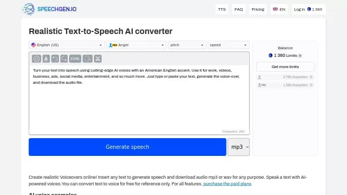 SpeechGen — бесплатная нейросеть для создания голоса. Бесплатная версия с ограниченным функционалом, есть платные тарифы.