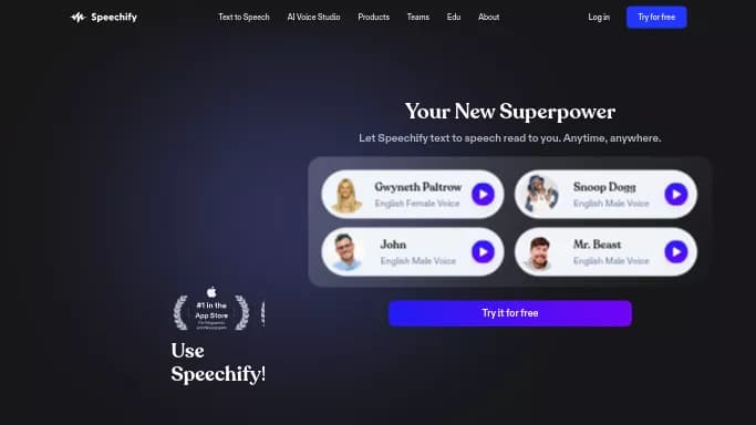 Speechify — бесплатная нейросеть для создания голоса. Бесплатная версия с ограниченным функционалом, есть платные тарифы.