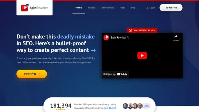 Spinrewriter — бесплатная нейросеть для копирайтинга. Бесплатная версия с ограниченным функционалом, есть платные тарифы.