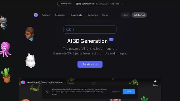 Spline AI — бесплатная нейросеть для 3D и анимации, для дизайна, для помощи в образовании. Бесплатная версия с ограниченным функционалом, есть платные тарифы.