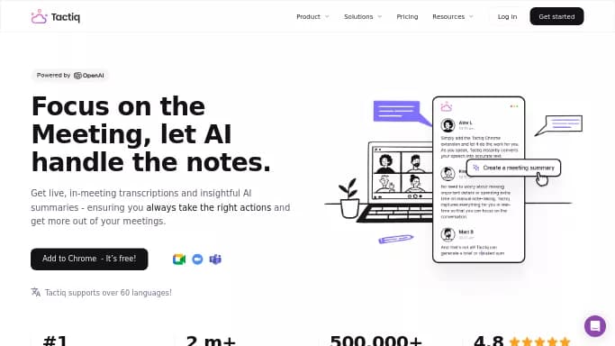 Tactiq — бесплатная нейросеть для маркетинга, для транскрибации аудио и видео, для повышения продуктивности, для помощи в образовании. Бесплатная версия с ограниченным функционалом, есть платные тарифы.