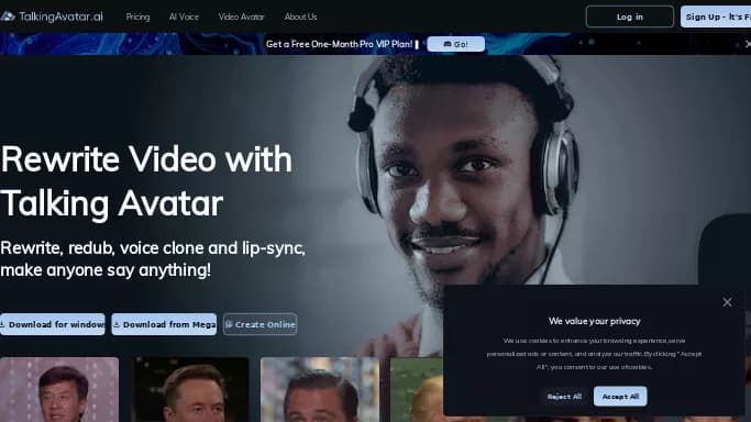 TalkingAvatar — бесплатная нейросеть для создания аватаров и цифровых 3D персонажей, для редактирования видео. Бесплатная версия с ограниченным функционалом, есть платные тарифы.