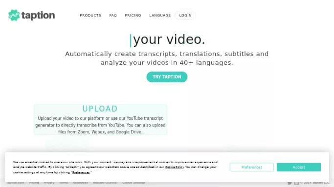Taption — платная нейросеть для транскрибации аудио и видео, для повышения продуктивности, для помощи в образовании. Бесплатная версия с ограниченным функционалом, есть платные тарифы.