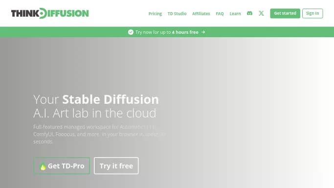 ThinkDiffusion — бесплатная нейросеть для создания изображений, для no Code/Low Code разработки. Бесплатная версия с ограниченным функционалом, есть платные тарифы.
