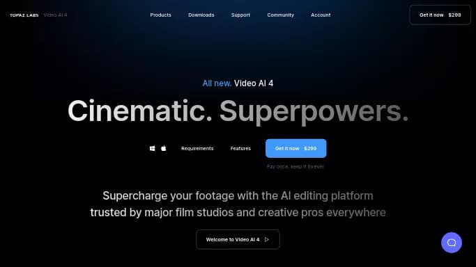 Video AI by Topaz Labs — платная нейросеть для редактирования видео. Бесплатная версия с ограниченным функционалом, есть платные тарифы.