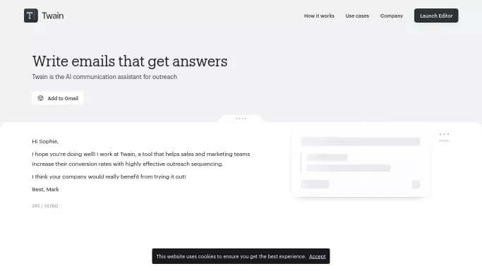 Usetwain — бесплатная нейросеть для работы с электронной почтой, для маркетинга.