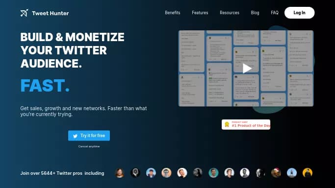 Tweet Hunter — бесплатная нейросеть для SMM. Бесплатная версия с ограниченным функционалом, есть платные тарифы.