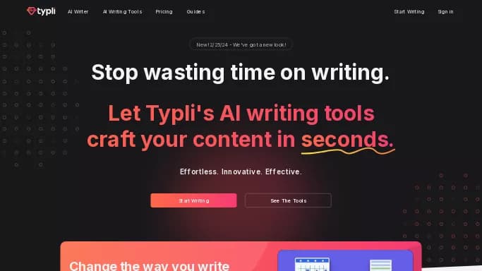 Typli — бесплатная нейросеть для копирайтинга. Бесплатная версия с ограниченным функционалом, есть платные тарифы.