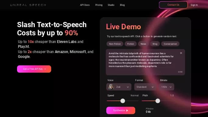 Unreal Speech — бесплатная нейросеть для создания голоса, для научно-исследовательской деятельности. Бесплатная версия с ограниченным функционалом, есть платные тарифы.