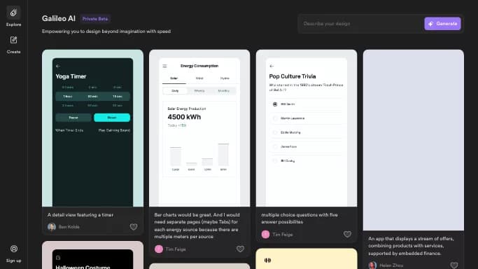 Galileo AI — платная нейросеть для дизайна. Бесплатная версия с ограниченным функционалом, есть платные тарифы.