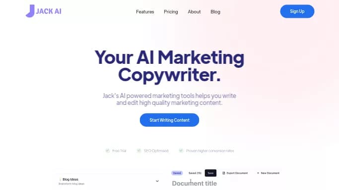 Jack AI — бесплатная нейросеть для маркетинга, для копирайтинга. Бесплатная версия с ограниченным функционалом, есть платные тарифы.