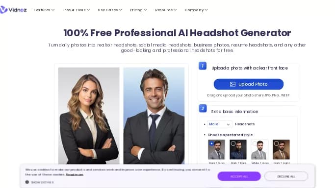 Vidnoz Headshot Generator — платная нейросеть для создания изображений. Бесплатная версия с ограниченным функционалом, есть платные тарифы.