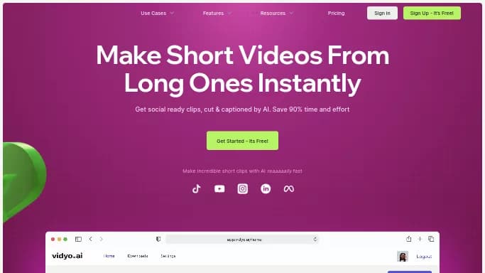 vidyo.ai — бесплатная нейросеть для создания видео, для no Code/Low Code разработки, для редактирования видео. Бесплатная версия с ограниченным функционалом, есть платные тарифы.