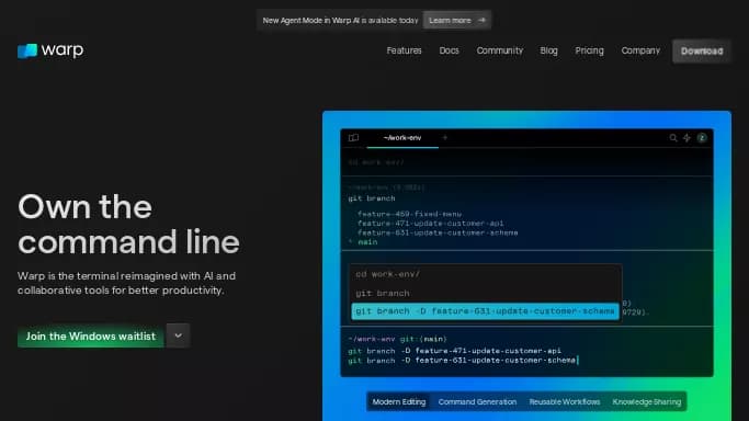 Warp AI — бесплатная нейросеть для разработки программного обеспечения, для помощи в автоматизации. Бесплатная версия с ограниченным функционалом, есть платные тарифы.