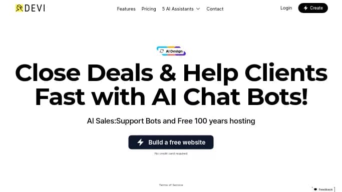 Devi AI Website Builder — бесплатная нейросеть для no Code/Low Code разработки, для дизайна. Бесплатная версия с ограниченным функционалом, есть платные тарифы.